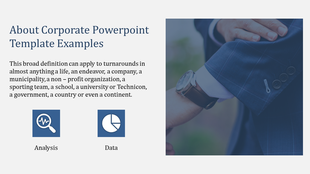 Corporate slide with a blurred image of a man in a suit checking his watch, text on the left, and two blue analysis icons.