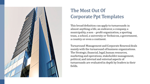 Modern skyscraper in blue and white color scheme, with glass panels on the left and text content on the right.