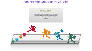 Competitor analysis slide with four running silhouettes on a racetrack, each carrying a briefcase, ranked with markers.