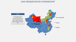 Slide with a China map in blue and green, with highlighted regions, and a red flag, illustrating economic discussion points.