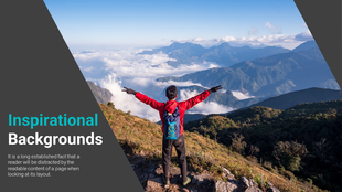 Inspirational layout with with a hiker on a mountain peak, with arms outstretched, under a blue sky with scattered clouds.