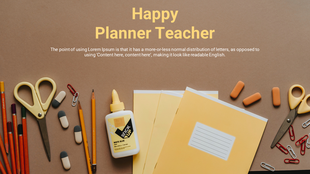 Flat lay of stationery items including scissors, pencils, erasers, glue, and notebooks on a brown surface with text above.