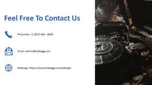 Contact slide with blue icons for phone, email, and website, alongside a mechanic working on a car engine in the background.