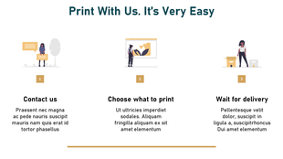 About us with three columns, each featuring a number, illustration, step title, and description under print with us heading.