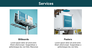 Two service offerings with a billboard mockup and a framed poster in a modern office setting on the right.