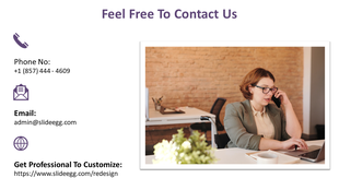 Slide featuring a woman in an office setting, with contact details including phone, email, and website for further inquiries.