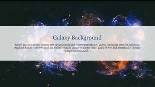 Dark galaxy design with glowing celestial cloud and stars behind a faded central panel containing a headline and sample text.