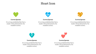 Slide displaying five colorful heart icons with text descriptions, representing different themes under the title.