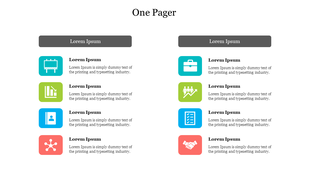 Dual column one pager template with a variety of icons and placeholder text for each item.