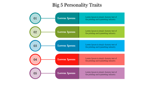A slide showcasing the big 5 Personality traits with five numbered horizontal colored bars, each containing placeholder text.