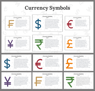 Collection of slides showcasing distinct currency symbols, each in a different color, with text details.