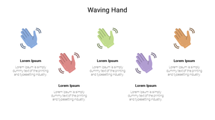 Five different colored waving hands with captions below each one.