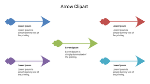 Set of five colored arrows with cloud like tails in blue, red, green, purple, and teal, with text below.