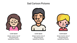 Three sad cartoon characters, including a girl, a man, and a boy with tears, on a white background.