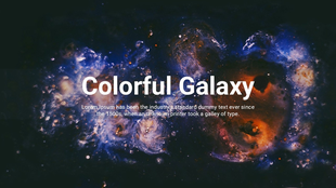 Vibrant galaxy scene with swirling blue, orange, and purple cosmic clouds and stars against a dark space background.