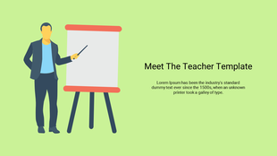Illustration of a teacher in a suit pointing at a whiteboard on a tripod stand, with text, on a light green background.