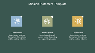 Mission slide with three square icons dartboard, and user target, each above placeholder text on a green background.