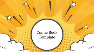 Comic-style template featuring a circular text box with yellow bursts and star elements around it.