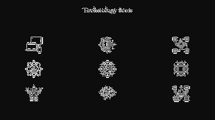 Eight white technology icons, evenly spaced in three vertical columns on a dark background.