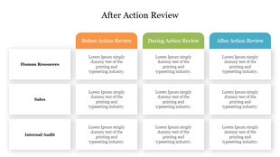 Grid layout displaying three categories on the left with colored sections at the top for different phases of action review.