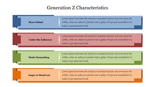 Generation Z characteristics slide with four multi-color text boxes, each highlighted with a caption area.