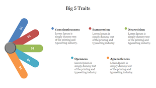 Big 5 traits with five colorful arrow like shapes in blue, red, green, teal, and yellow, pointing out from a central point.