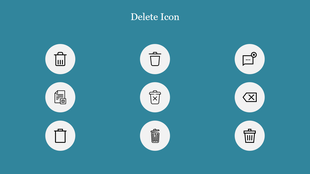 A collection of delete icons displayed on a teal background, including trash bins and document deletion symbols.