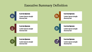 Executive Summary definition PowerPoint slide with sections highlighted with icons and placeholder text on a green theme.