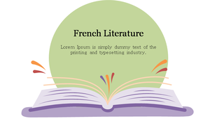 Illustration of an open book with colorful accents, beneath a green circle with French literature placeholder text.