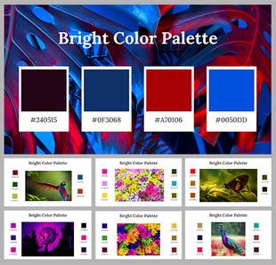 Bright color palette slide deck with swatches and nature photos, displaying color codes and themed images.