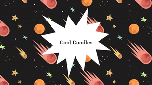 Black background PPT slide with colorful doodles of stars, planets, and comets with a white burst shape for text.