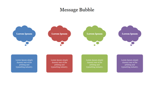 Message bubble design slide with four cloud-shaped thought bubbles in different colors above coordinated text blocks.