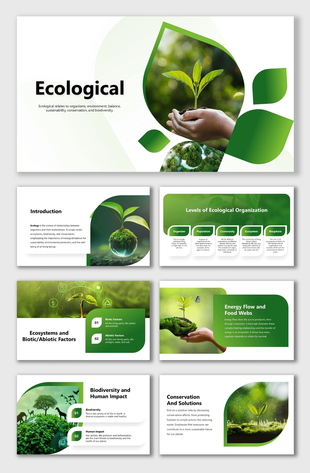 Ecological PowerPoint slide featuring hands holding a small plant sprouting from the soil, symbolizing growth.