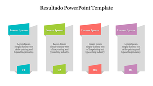 Colorful result cards with numbers 01 to 04, each containing placeholder text, presented in a gray background with labels.
