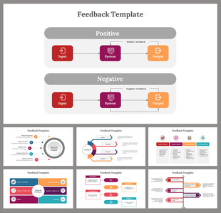 Feedback slides with diagrams for positive and negative feedback loops with different layout designs and icons.
