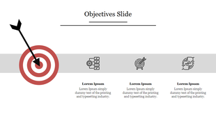 Objectives PPT slide featuring a target with an arrow and icons representing tasks, goals, and progress on a white theme.