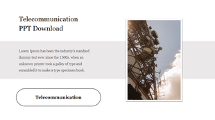 Telecommunication slide with an image of a communication tower and a paragraph of placeholder text areas.