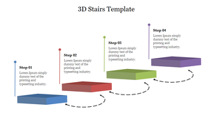 Four 3D stairs in blue, red, green, and purple, each labeled with a step number and descriptive text.