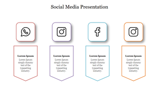 Social media slide with outlined icons and matching color bordered text boxes in red, purple, blue, and orange.