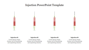 Injection PowerPoint template featuring four syringes with captions for each section.