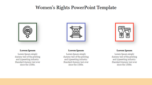 Women's rights slide with three icons in green, blue, and red borders, each with descriptive text below.