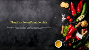 Food themed slide with vibrant vegetables and spices arranged on a dark background.