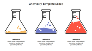 Three chemistry flasks filled with yellow, blue, and red liquids, each emitting bubbles, with descriptive text beneath.