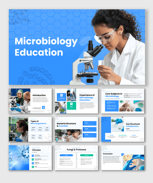 Microbiology education presentation template with scientist using microscope and lab visuals.