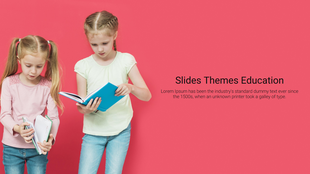 Education slide with two children holding books against a bright pink background, with caption areas.