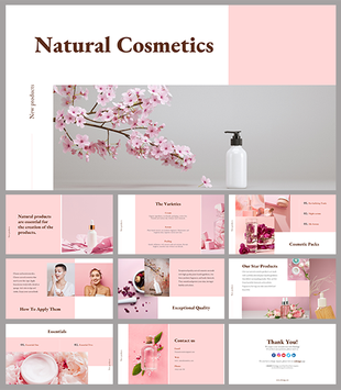 Natural cosmetics with a soft pink design, including slides for product features, customer reviews, and contact information.