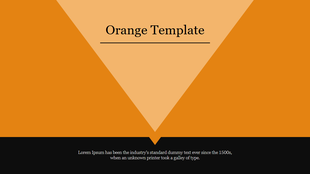 Slide with a bold orange background, a downward facing lighter triangle, and a black bottom bar containing text.