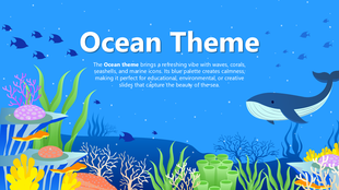 Ocean theme with whale, fishes, corals, shells, seagrass, blue tones, and text holders for creative presentations.