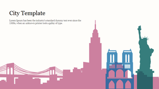 A city skyline slide illustrating iconic landmarks, including the Statue of Liberty and a bridge on a minimalist background.
