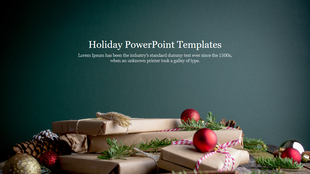 Holiday PowerPoint template with festive gifts, red ornaments, and pine branches set against a dark green background.